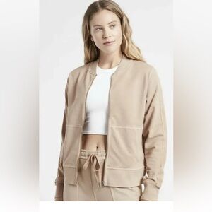 Athleta-XS-tan(mocha latte)-knit bomber jacket. Full, zip, stretch, rib details.